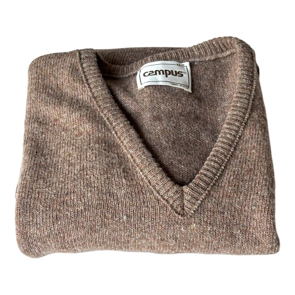 Campus Vintage brown wool blend sweater vest with V-neck and ribbed hem | XL